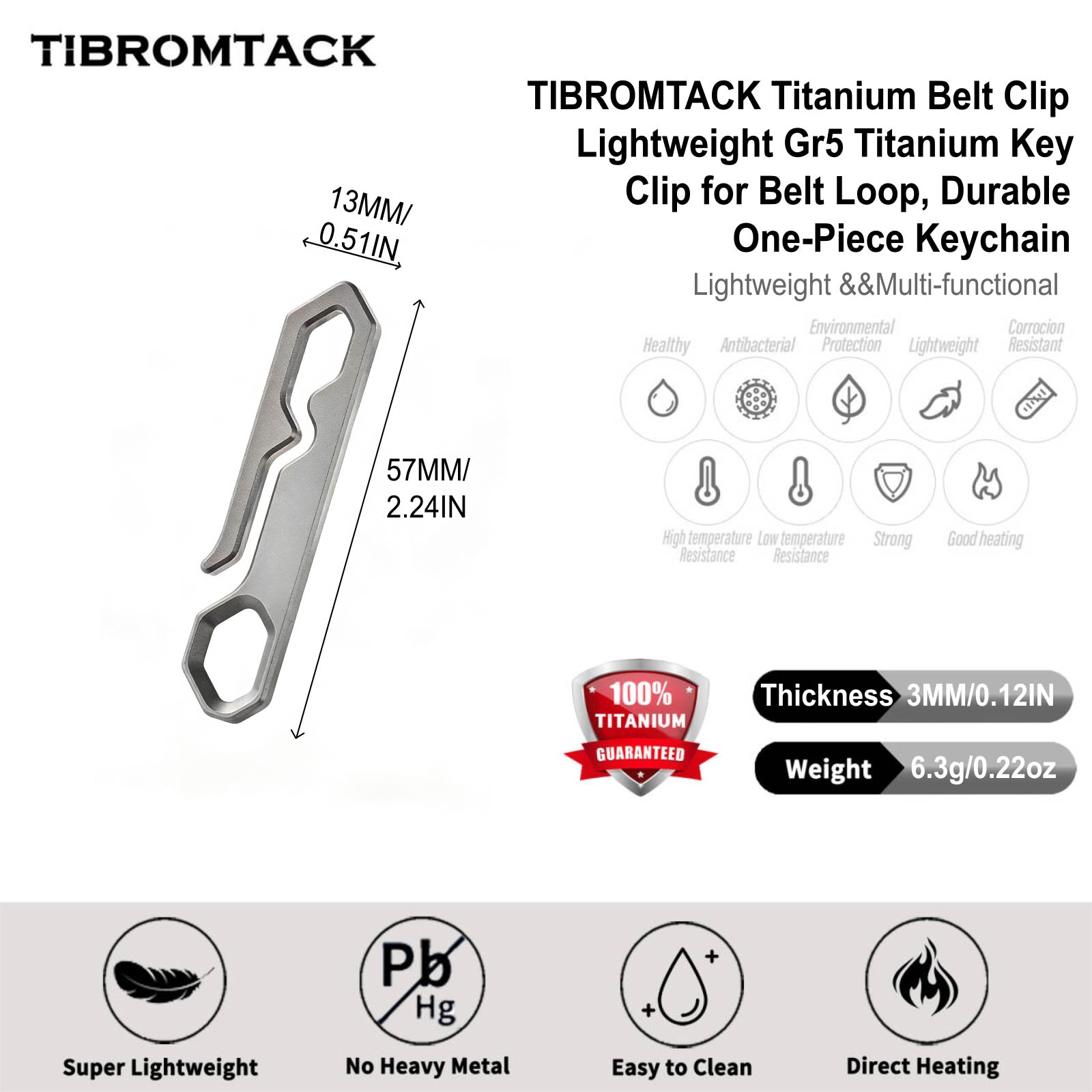 TIBROMTACK Titanium Belt Clip, Lightweight Gr5 Titanium Key Clip for Belt Loop, Durable One-Piece Keychain