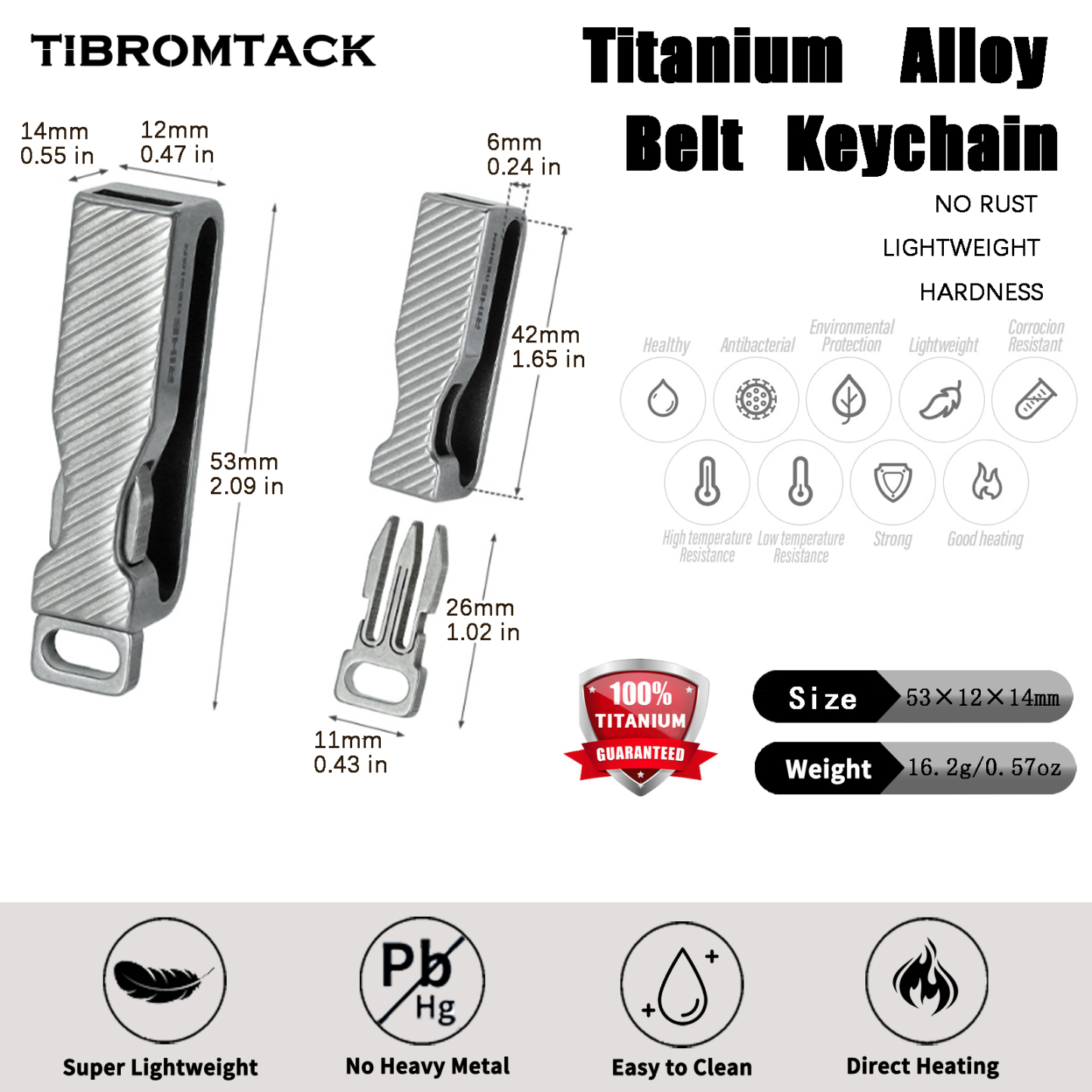 TIBROMTACK Gr5 Titanium Alloy Belt Key Holder, Lightweight 16.2g/0.57oz Belt Clip for Daily, 53×12×14mm