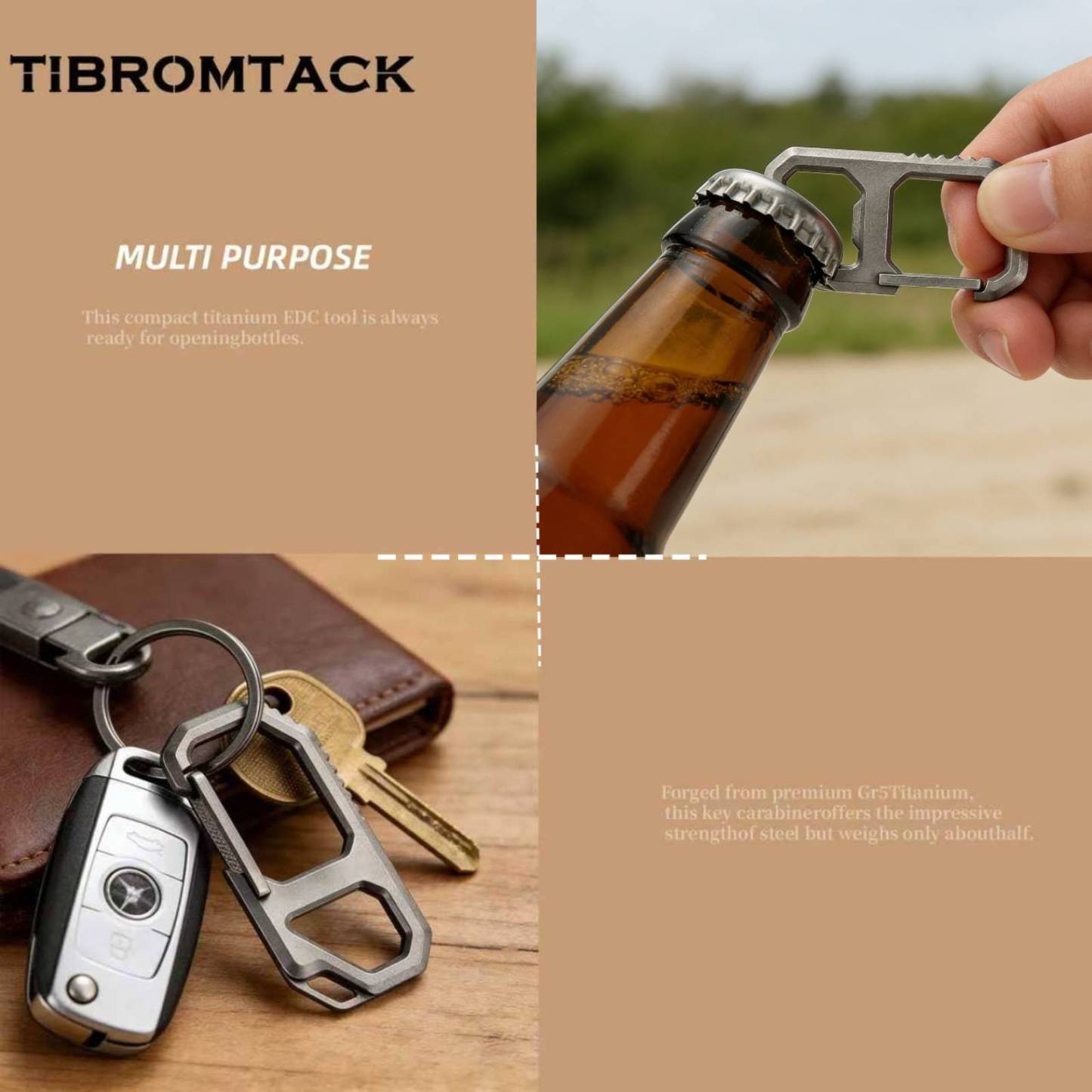 TIBROMTACK Titanium Keychain - Key Carabiner Clip with Bottle Opener, Ultra Lightweight & High Strength Gr5 Titanium EDC Multi-Tool for Men Women (6.3x3cm, Silver)
