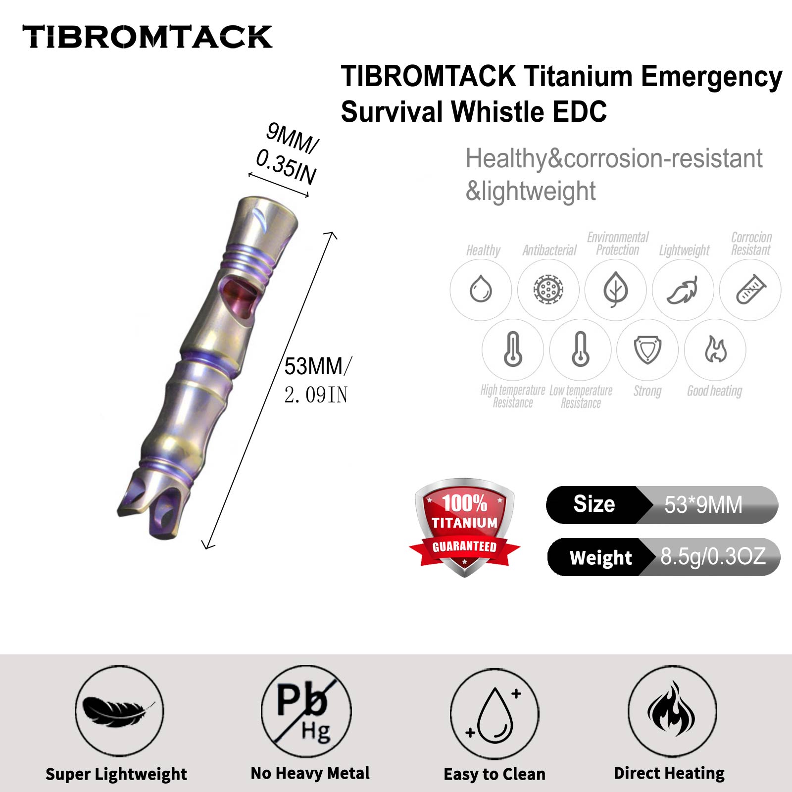 TIBROMTACK Gr5 Titanium Emergency Survival Whistle, Lightweight EDC Safety Whistle for Camping Hiking Sports.