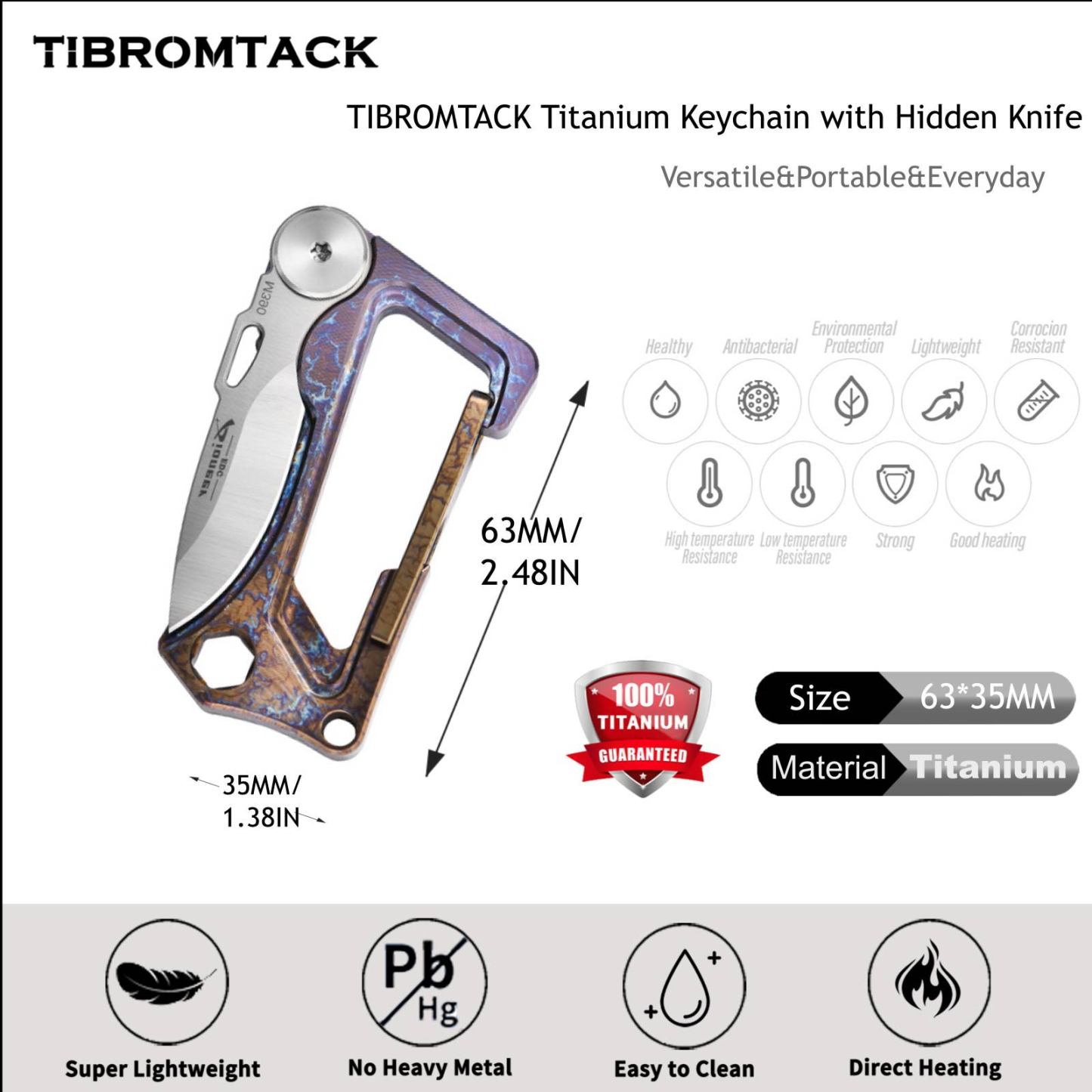 TIBROMTACK Titanium Keychain - Stonewashed EDC Carabiner Multi-Tool, Folding Knife & Bottle Opener, Ultra-Lightweight Gr5 Titanium Keychain for Men (63x35mm)