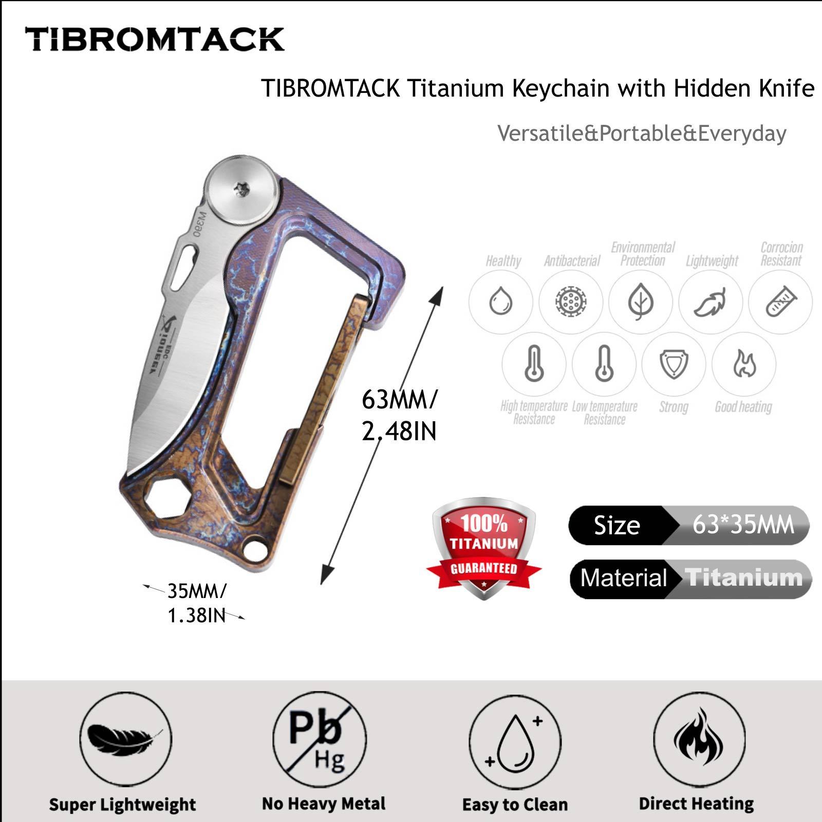 TIBROMTACK Titanium Keychain - Stonewashed EDC Carabiner Multi-Tool, Folding Knife & Bottle Opener, Ultra-Lightweight Gr5 Titanium Keychain for Men (63x35mm)