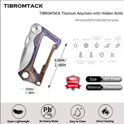 TIBROMTACK Titanium Keychain - Stonewashed EDC Carabiner Multi-Tool, Folding Knife & Bottle Opener, Ultra-Lightweight Gr5 Titanium Keychain for Men (63x35mm)