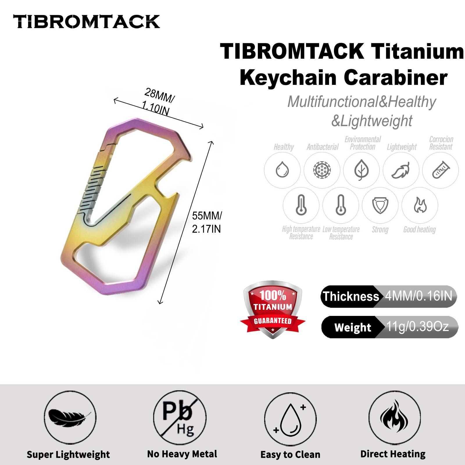 TIBROMTACK GR5 Titanium Keychain Carabiner with Bottle Opener, Multifunctional EDC Key Ring