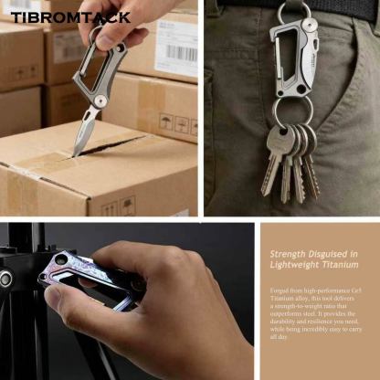 TIBROMTACK Titanium Keychain - Stonewashed EDC Carabiner Multi-Tool, Folding Knife & Bottle Opener, Ultra-Lightweight Gr5 Titanium Keychain for Men (63x35mm)