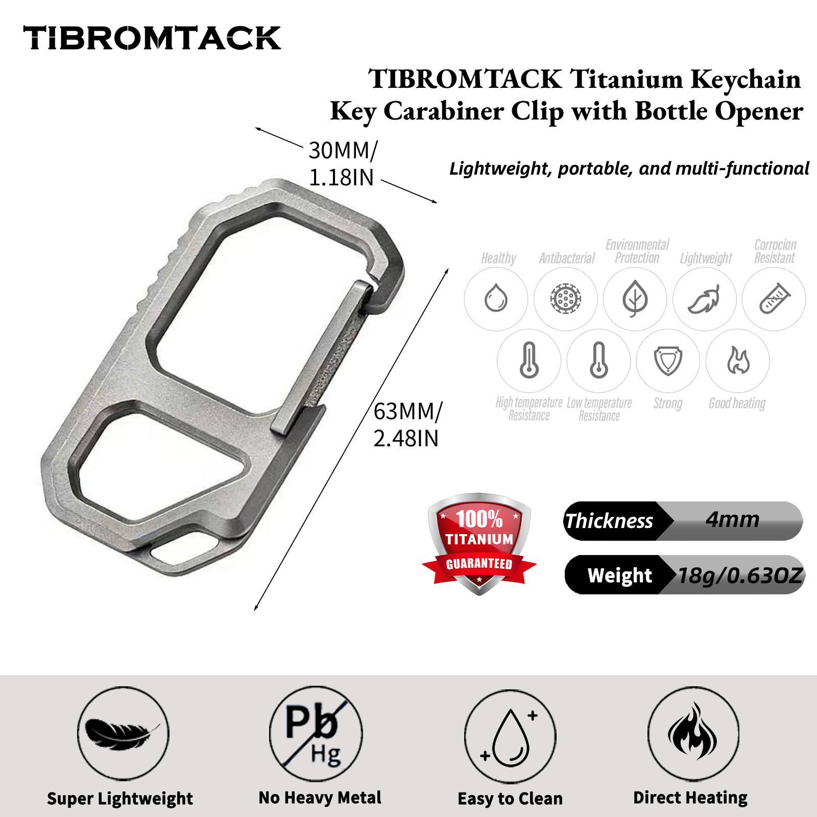 TIBROMTACK Titanium Keychain - Key Carabiner Clip with Bottle Opener, Ultra Lightweight & High Strength Gr5 Titanium EDC Multi-Tool for Men Women (6.3x3cm, Silver)