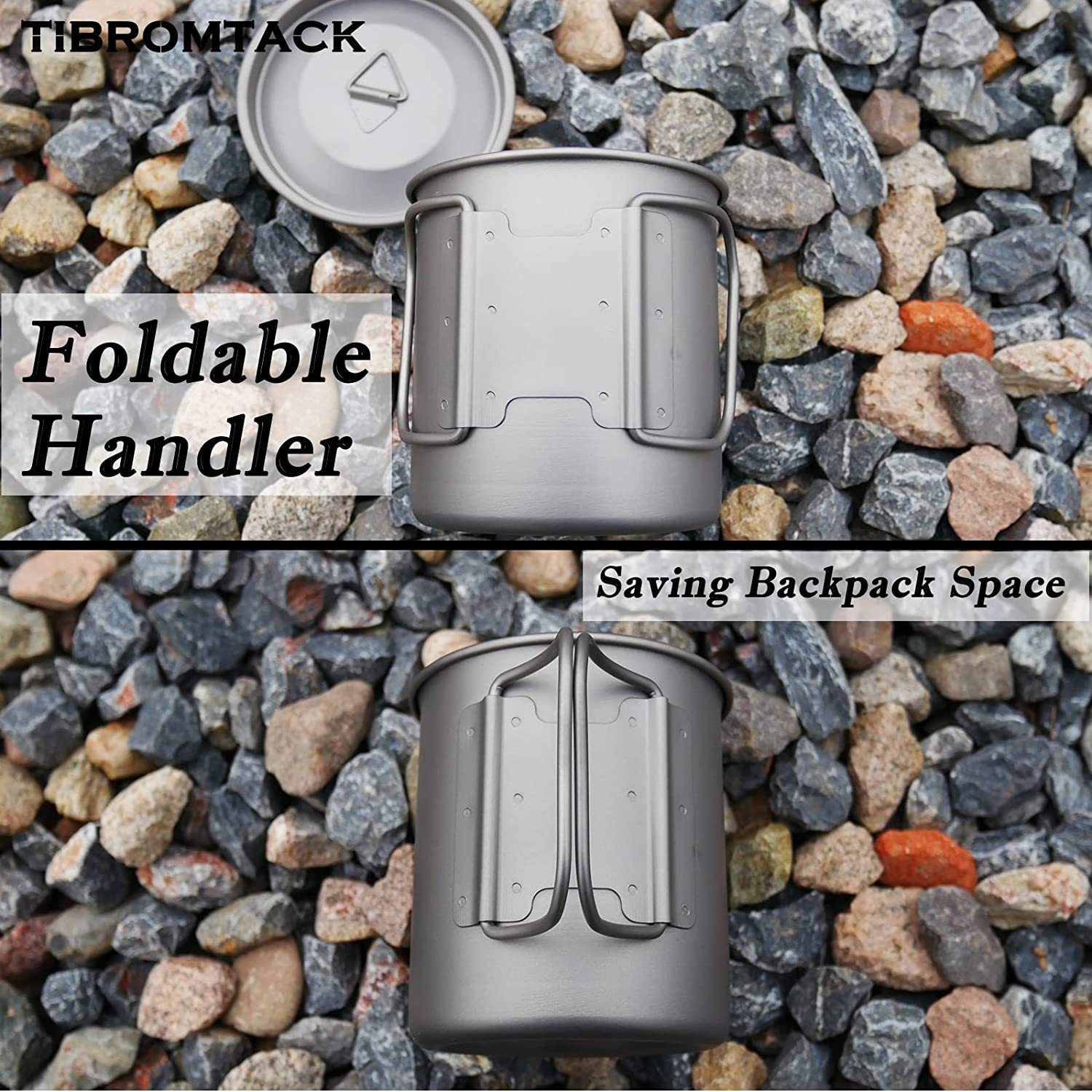 TIBROMTACK Camping Cup with Lid Pure Titanium Coffee Mug Ultralight 450ml Outdoor Small Camping Pot with Foldable Handle for Backpacking Hiking Travel and Daily Use with Mesh Bag-TIBROMTACK