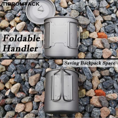 TIBROMTACK Camping Cup with Lid Pure Titanium Coffee Mug Ultralight 450ml Outdoor Small Camping Pot with Foldable Handle for Backpacking Hiking Travel and Daily Use with Mesh Bag-TIBROMTACK