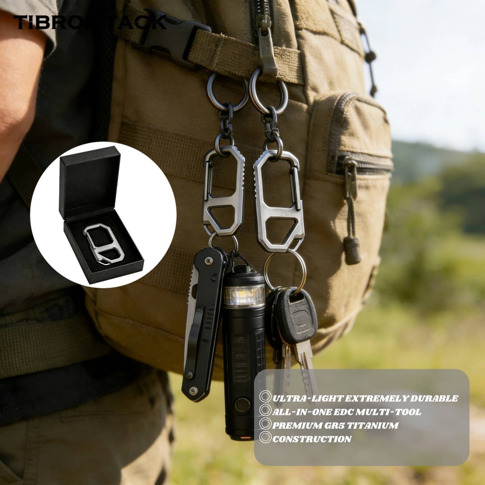 TIBROMTACK Titanium Keychain - Key Carabiner Clip with Bottle Opener, Ultra Lightweight & High Strength Gr5 Titanium EDC Multi-Tool for Men Women (6.3x3cm, Silver)