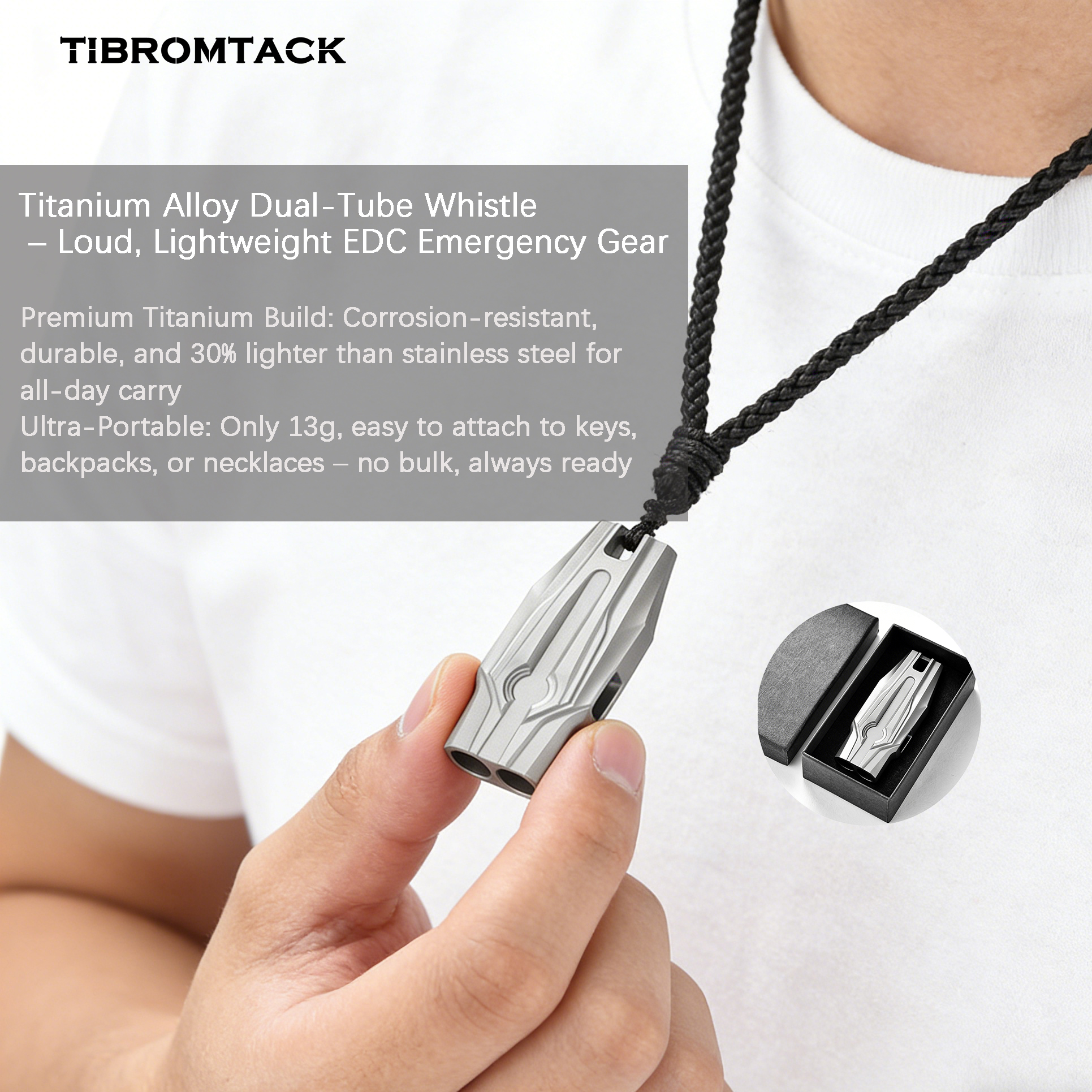 TIBROMTACK Titanium Dual Tube Whistle, Gr5 Titanium Emergency Whistle for Adults, Loud Survival Whistle, Lightweight & Rust-Proof Dog Whistle