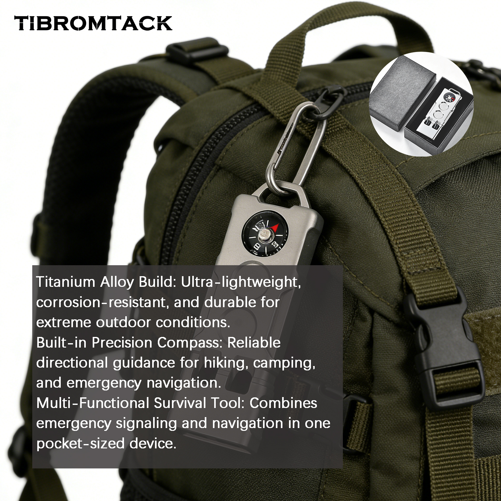 TIBROMTACK Multifunctional Titanium Whistle, Gr5 Titanium Emergency Survival Whistle, Loud Double Tube Whistle with Compass