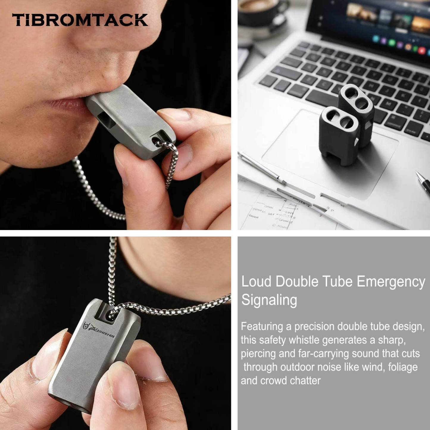 TIBROMTACK Gr5 Titanium Alloy Double Tube Emergency Whistle, Loud Survival Safety Whistle, Mini Lightweight Hiking Whistle with Keychain, Outdoor Emergency Whistle Necklace for Adults