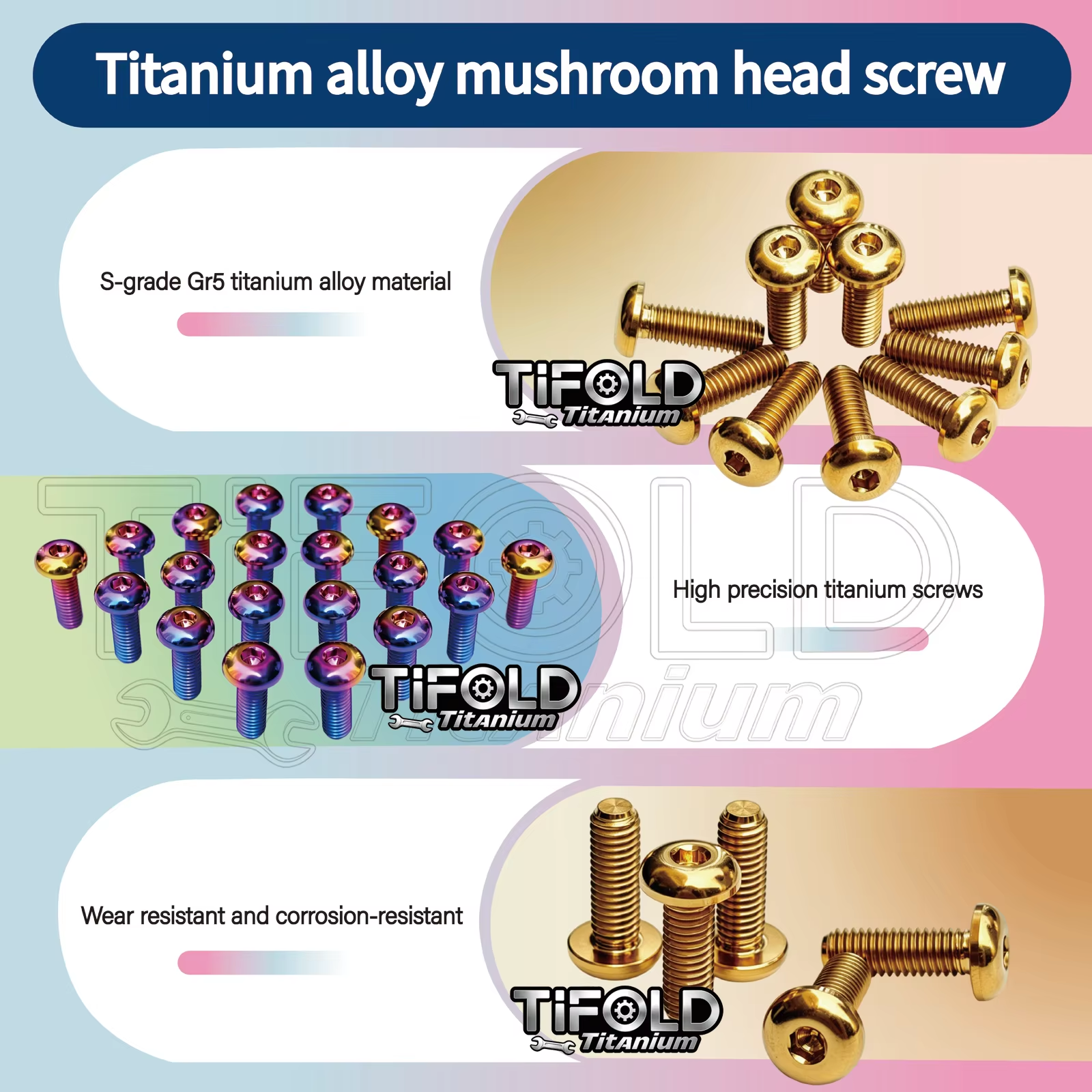 TIFOLD M5 Gr5 Titanium Bolts, Mushroom Umbrella Head Screws, M5×10-35mm,  for Bike Motorcycle Car Mods, 10PCS/Pack