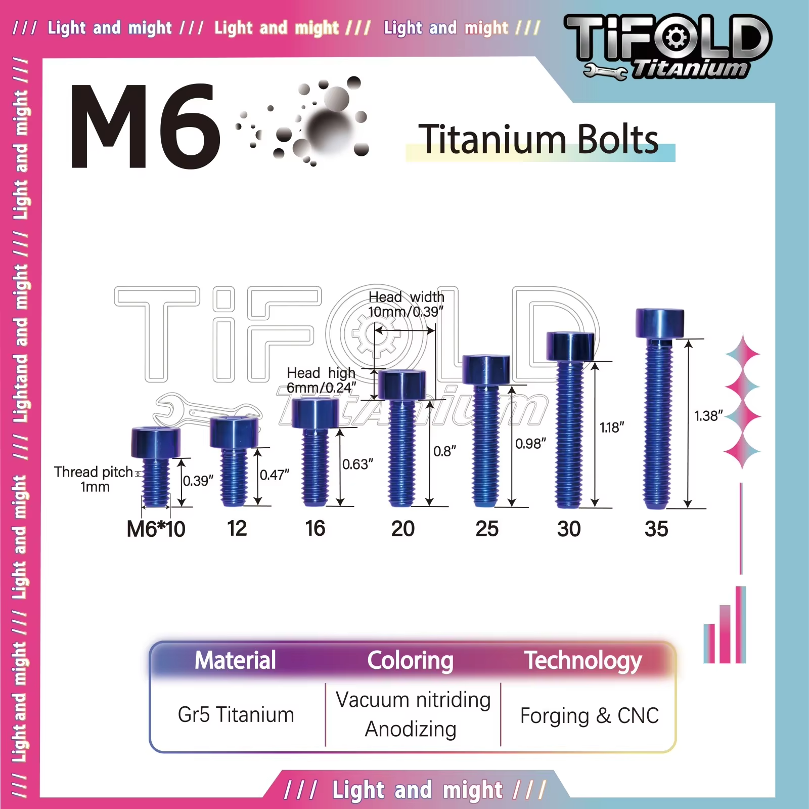 M6 titanium alloy bolt, Gr5 10-35mm length, available in various colors with hexagonal head bolts