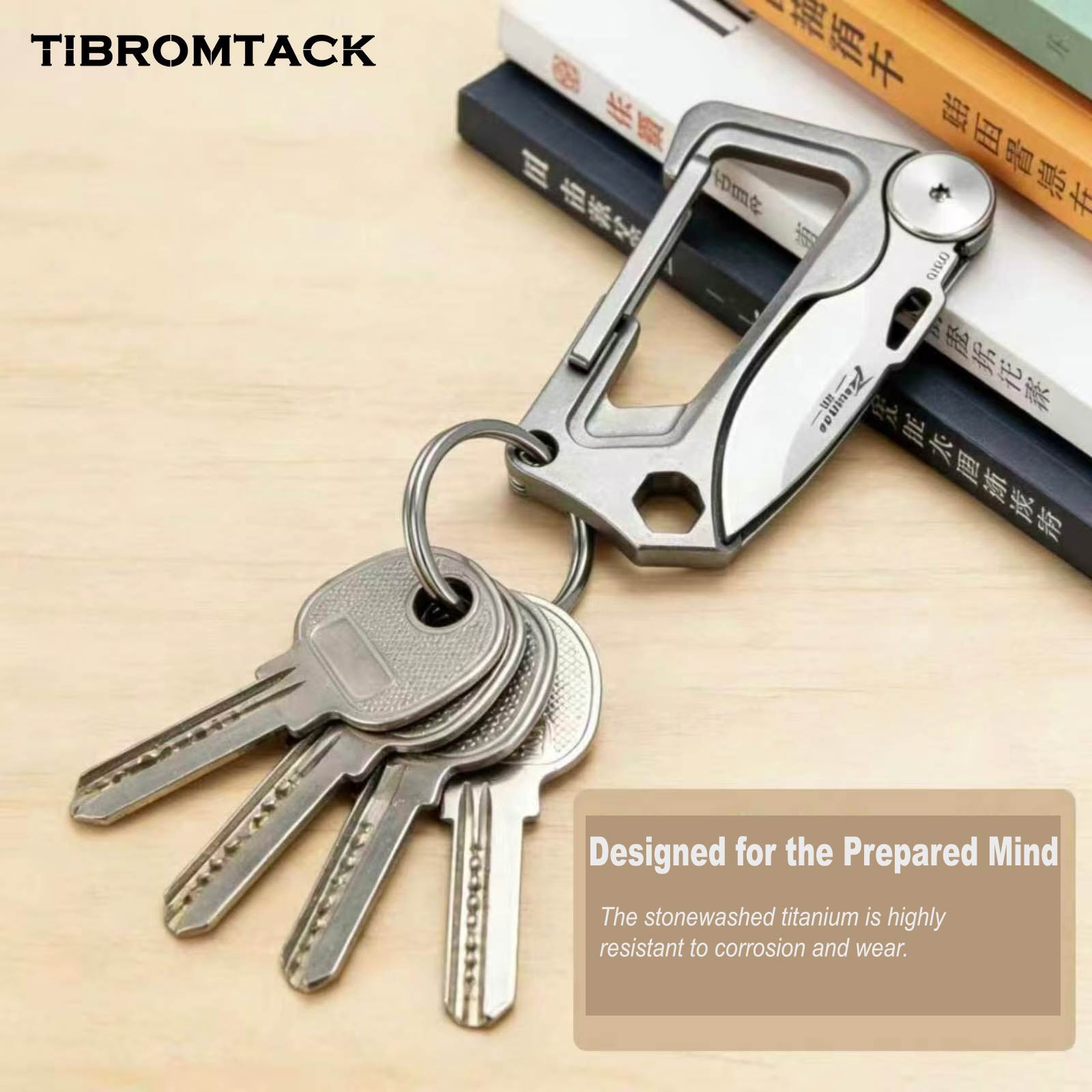 TIBROMTACK Titanium Keychain - Stonewashed EDC Carabiner Multi-Tool, Folding Knife & Bottle Opener, Ultra-Lightweight Gr5 Titanium Keychain for Men (63x35mm)