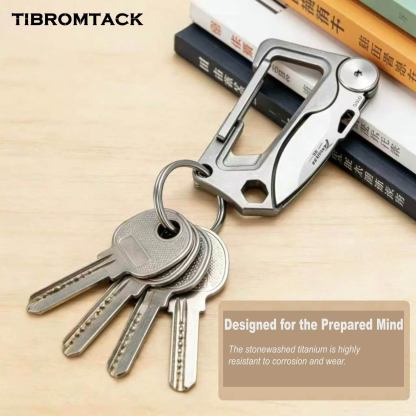 TIBROMTACK Titanium Keychain - Stonewashed EDC Carabiner Multi-Tool, Folding Knife & Bottle Opener, Ultra-Lightweight Gr5 Titanium Keychain for Men (63x35mm)
