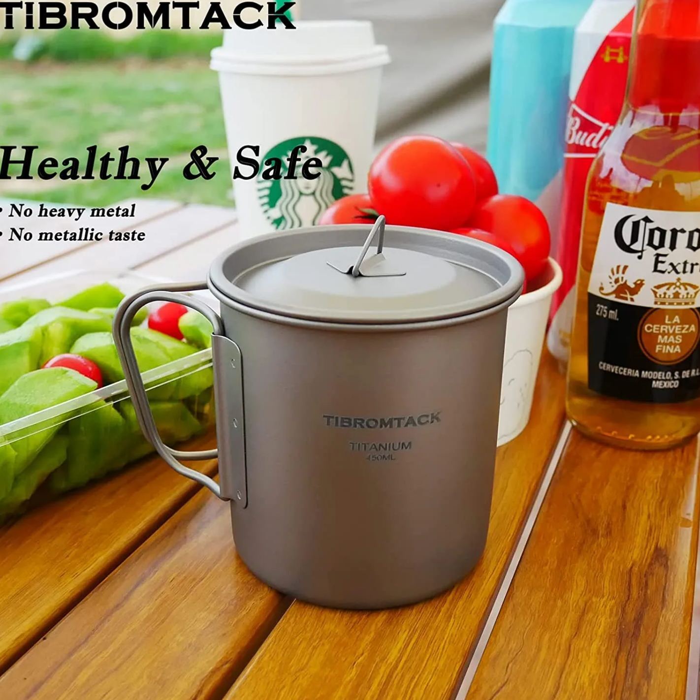 TIBROMTACK Camping Cup with Lid Pure Titanium Coffee Mug Ultralight 450ml Outdoor Small Camping Pot with Foldable Handle for Backpacking Hiking Travel and Daily Use with Mesh Bag-TIBROMTACK