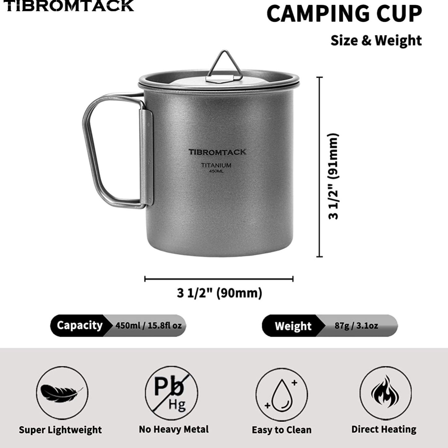 TIBROMTACK Camping Cup with Lid Pure Titanium Coffee Mug Ultralight 450ml Outdoor Small Camping Pot with Foldable Handle for Backpacking Hiking Travel and Daily Use with Mesh Bag-TIBROMTACK