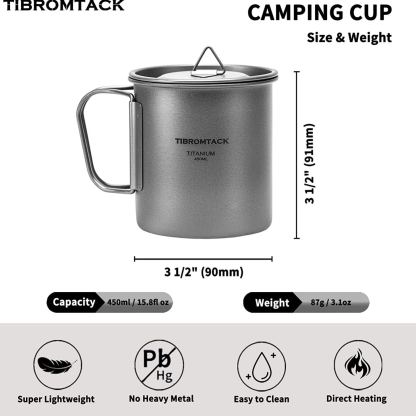 TIBROMTACK Camping Cup with Lid Pure Titanium Coffee Mug Ultralight 450ml Outdoor Small Camping Pot with Foldable Handle for Backpacking Hiking Travel and Daily Use with Mesh Bag-TIBROMTACK