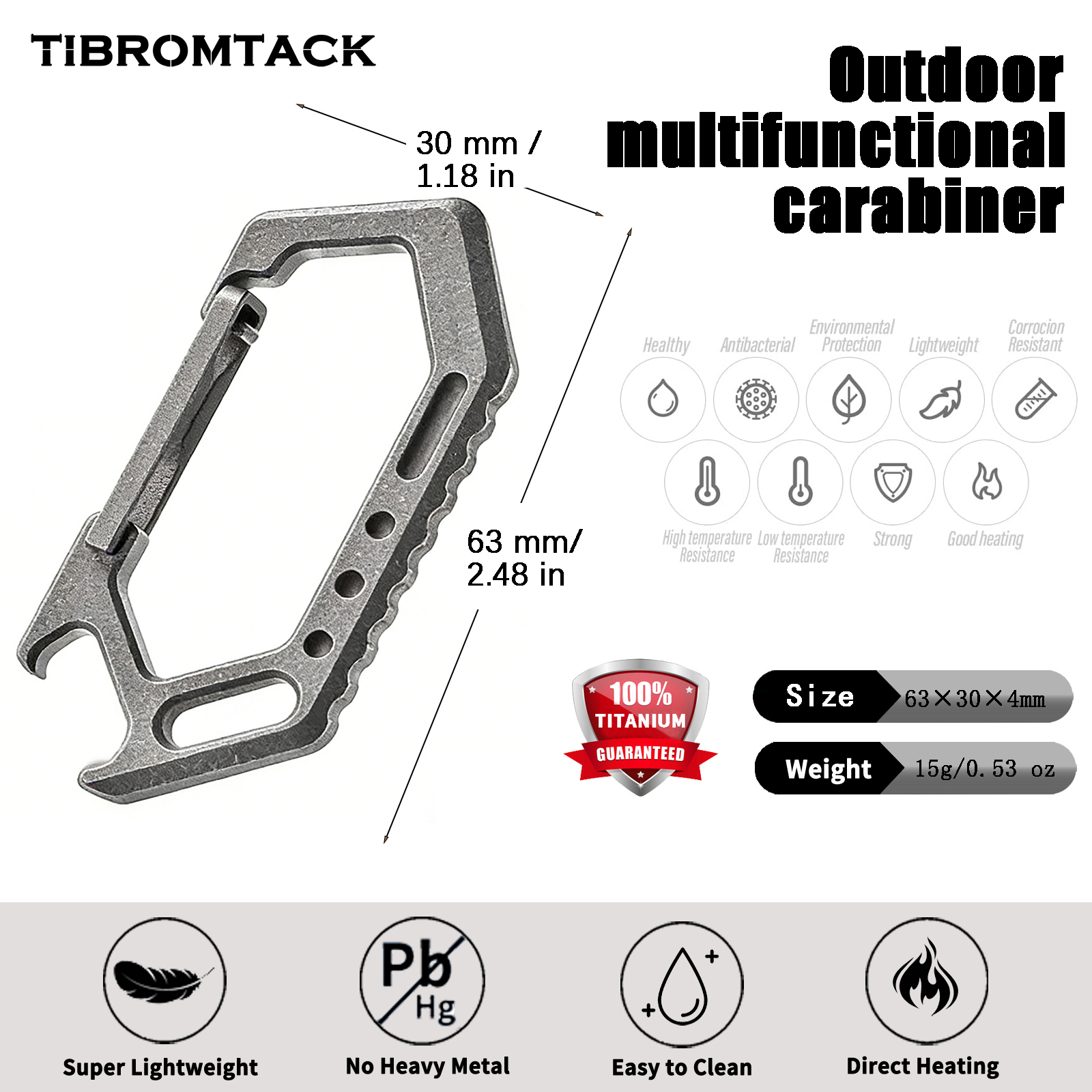 TIBROMTACK Gr5 Titanium Carabiner, EDC Multitool with Keychain Bottle Opener, Lightweight 15g for Outdoor & Daily Use