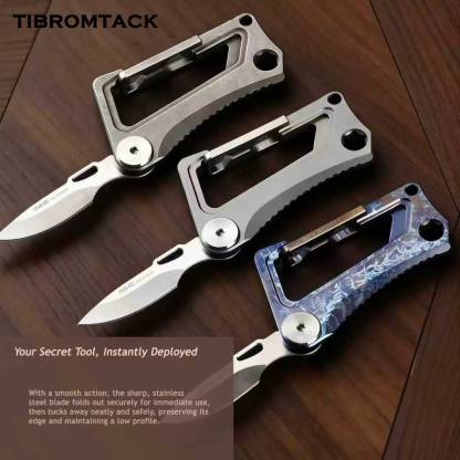 TIBROMTACK Titanium Keychain - Stonewashed EDC Carabiner Multi-Tool, Folding Knife & Bottle Opener, Ultra-Lightweight Gr5 Titanium Keychain for Men (63x35mm)