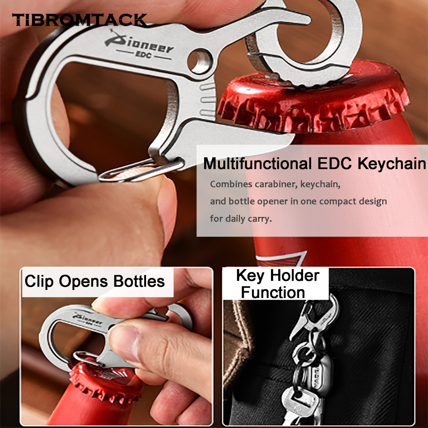TIBROMTACK Titanium Carabiner Multitool, EDC Carabiner Keychain, Gr5 Titanium Key Ring, Lightweight 14g/0.49oz Keychain Carabiner for Keys, Bottle Opener (63×31×4mm)