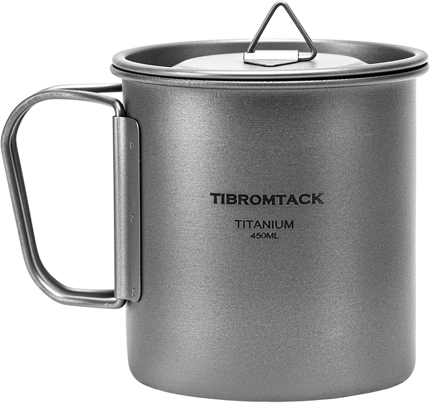 TIBROMTACK Camping Cup with Lid Pure Titanium Coffee Mug Ultralight 450ml Outdoor Small Camping Pot with Foldable Handle for Backpacking Hiking Travel and Daily Use with Mesh Bag-TIBROMTACK