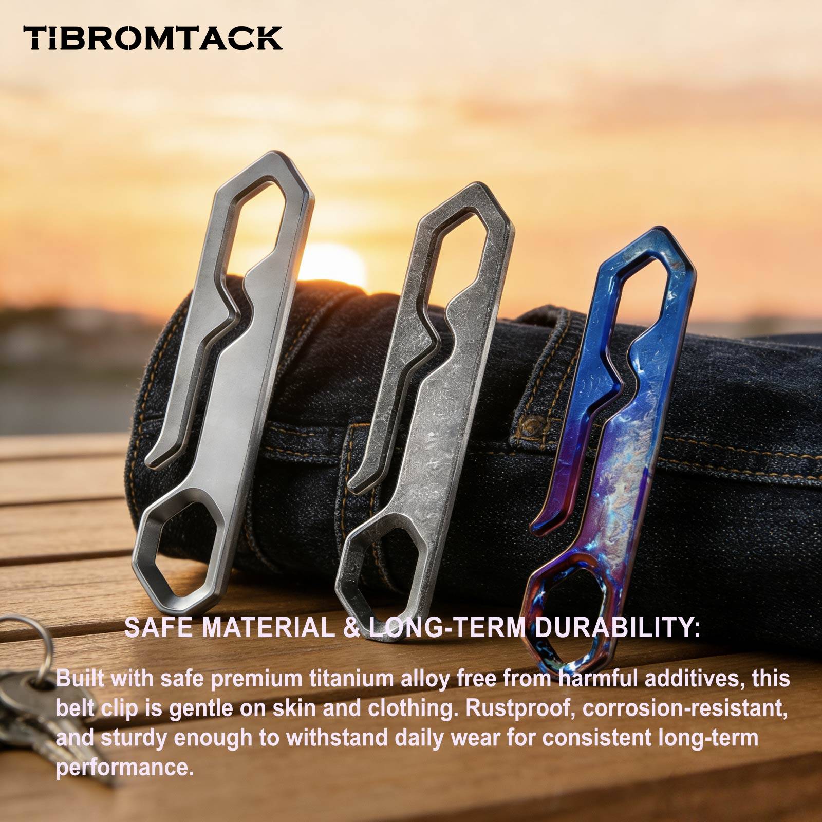 TIBROMTACK Titanium Belt Clip, Lightweight Gr5 Titanium Key Clip for Belt Loop, Durable One-Piece Keychain