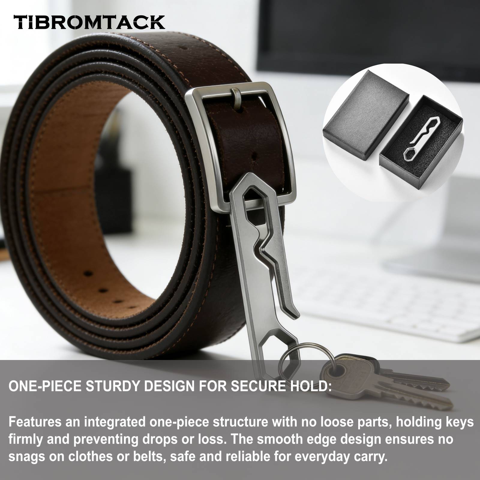 TIBROMTACK Titanium Belt Clip, Lightweight Gr5 Titanium Key Clip for Belt Loop, Durable One-Piece Keychain