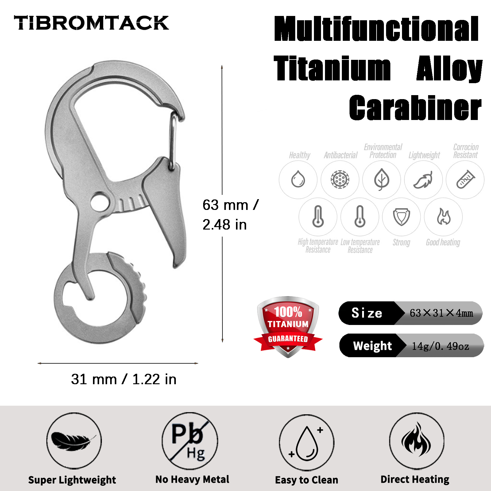 TIBROMTACK Titanium Carabiner Multitool, EDC Carabiner Keychain, Gr5 Titanium Key Ring, Lightweight 14g/0.49oz Keychain Carabiner for Keys, Bottle Opener (63×31×4mm)