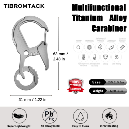 TIBROMTACK Titanium Carabiner Multitool, EDC Carabiner Keychain, Gr5 Titanium Key Ring, Lightweight 14g/0.49oz Keychain Carabiner for Keys, Bottle Opener (63×31×4mm)