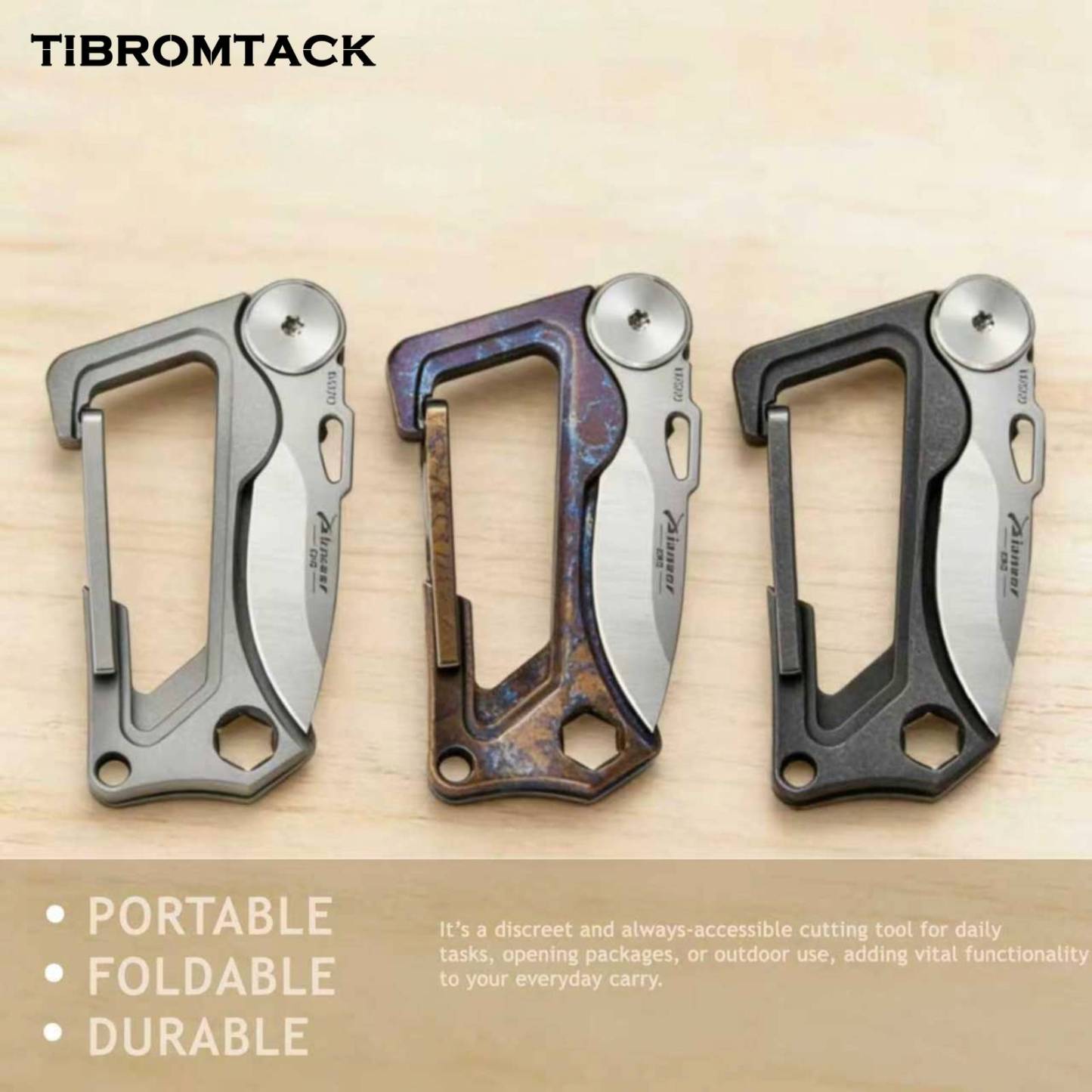 TIBROMTACK Titanium Keychain - Stonewashed EDC Carabiner Multi-Tool, Folding Knife & Bottle Opener, Ultra-Lightweight Gr5 Titanium Keychain for Men (63x35mm)