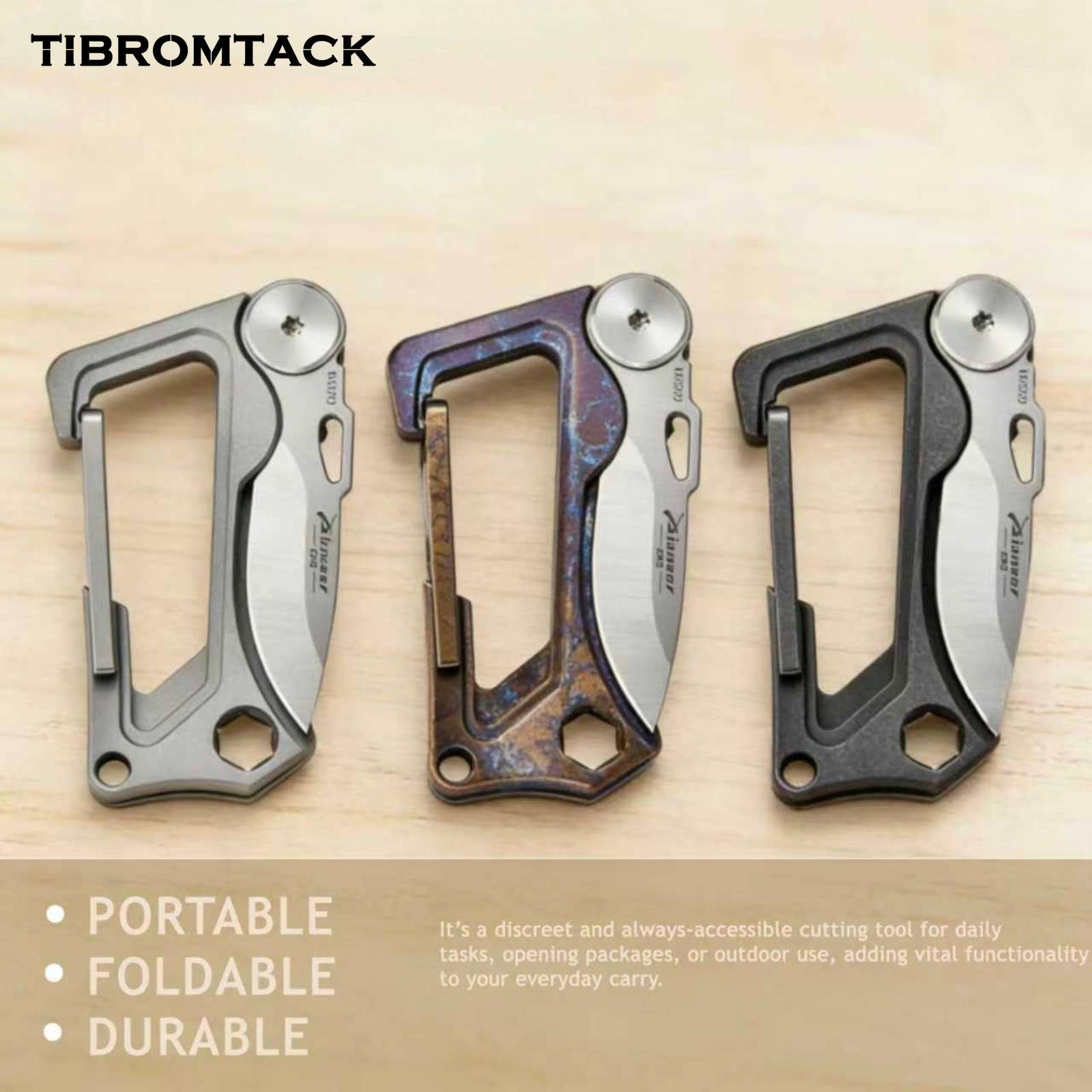TIBROMTACK Titanium Keychain - Stonewashed EDC Carabiner Multi-Tool, Folding Knife & Bottle Opener, Ultra-Lightweight Gr5 Titanium Keychain for Men (63x35mm)