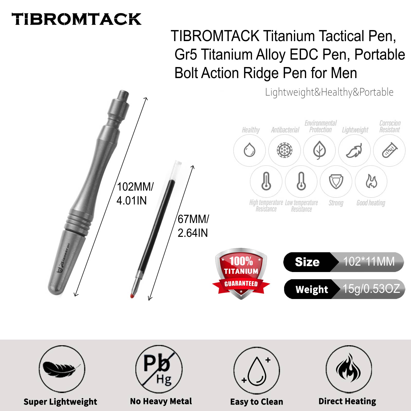 TIBROMTACK Titanium Tactical Pen, Gr5 Titanium Alloy EDC Pen, Portable Bolt Action Ridge Pen for Men, Lightweight Metal Alloy Writing Instrument for Outdoor Carry & Self Protection