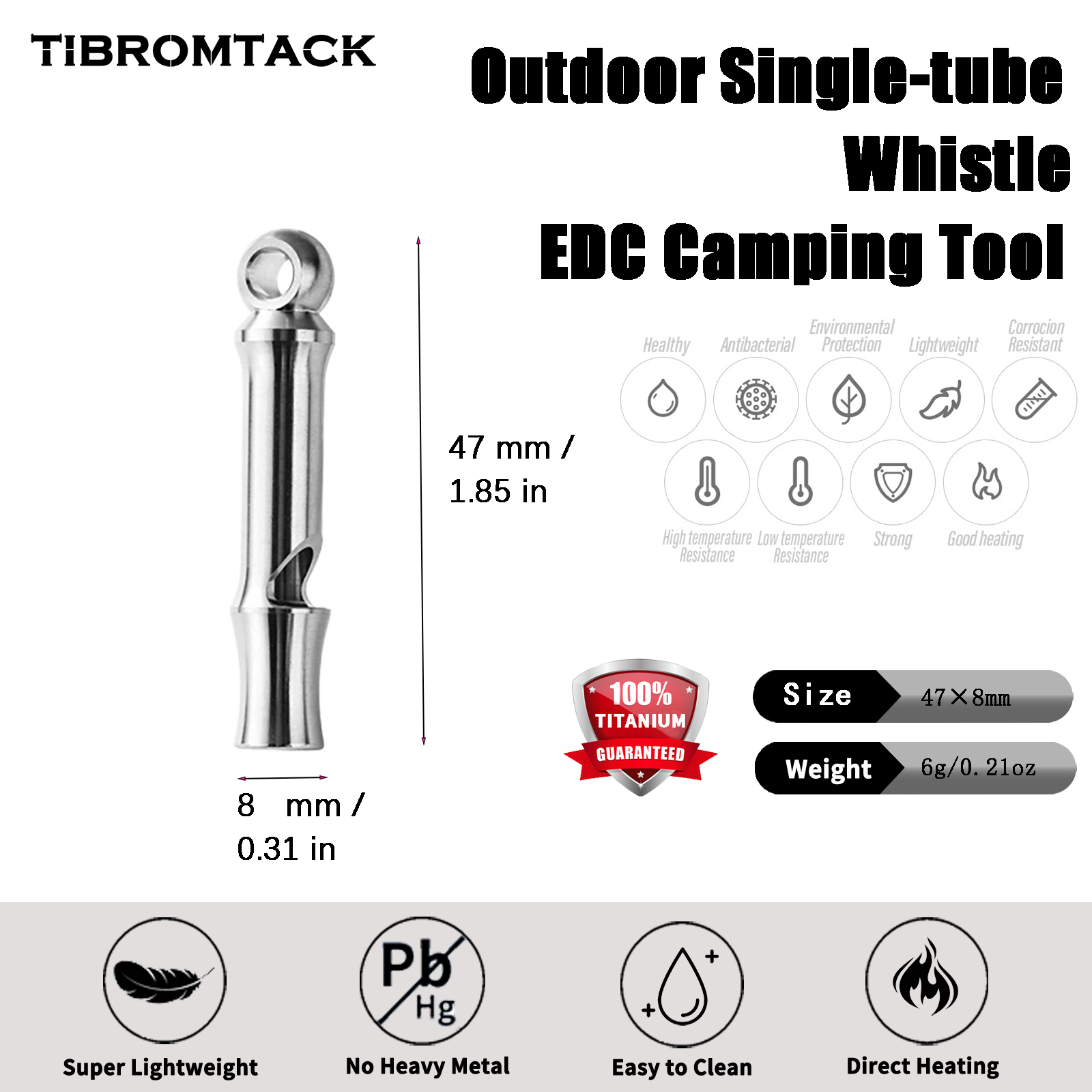 TIBROMTACK Titanium Whistle, Emergency Whistle Lightweight EDC Camping Tool, Portable Single Tube Whistle for Outdoor Survival