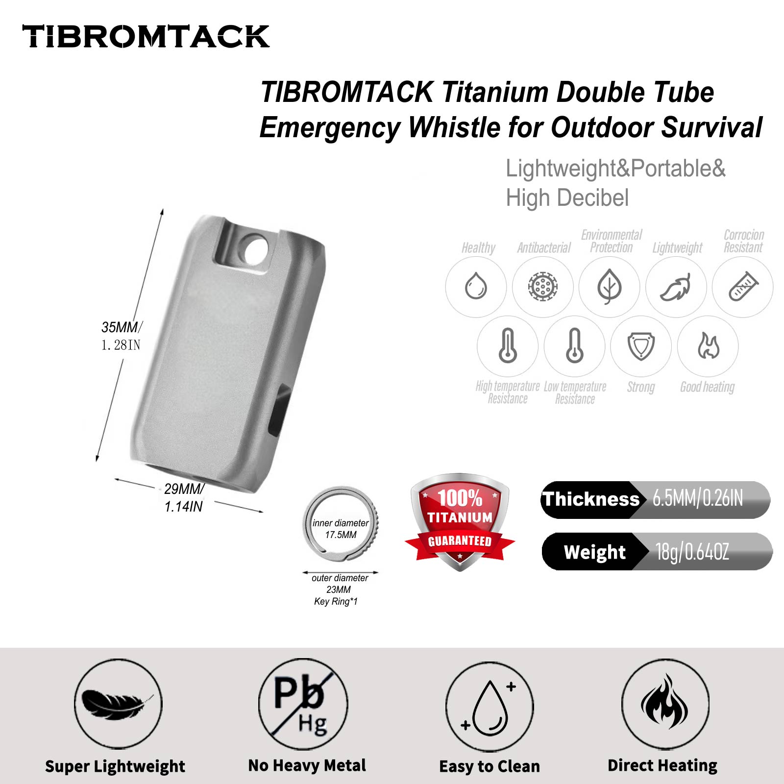 TIBROMTACK Gr5 Titanium Alloy Double Tube Emergency Whistle, Loud Survival Safety Whistle, Mini Lightweight Hiking Whistle with Keychain, Outdoor Emergency Whistle Necklace for Adults