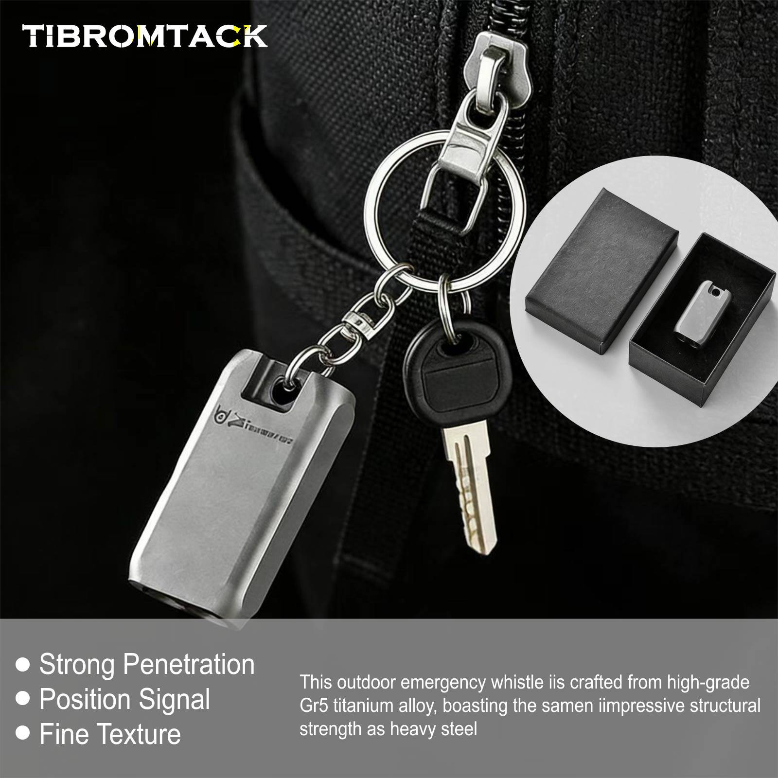 TIBROMTACK Gr5 Titanium Alloy Double Tube Emergency Whistle, Loud Survival Safety Whistle, Mini Lightweight Hiking Whistle with Keychain, Outdoor Emergency Whistle Necklace for Adults