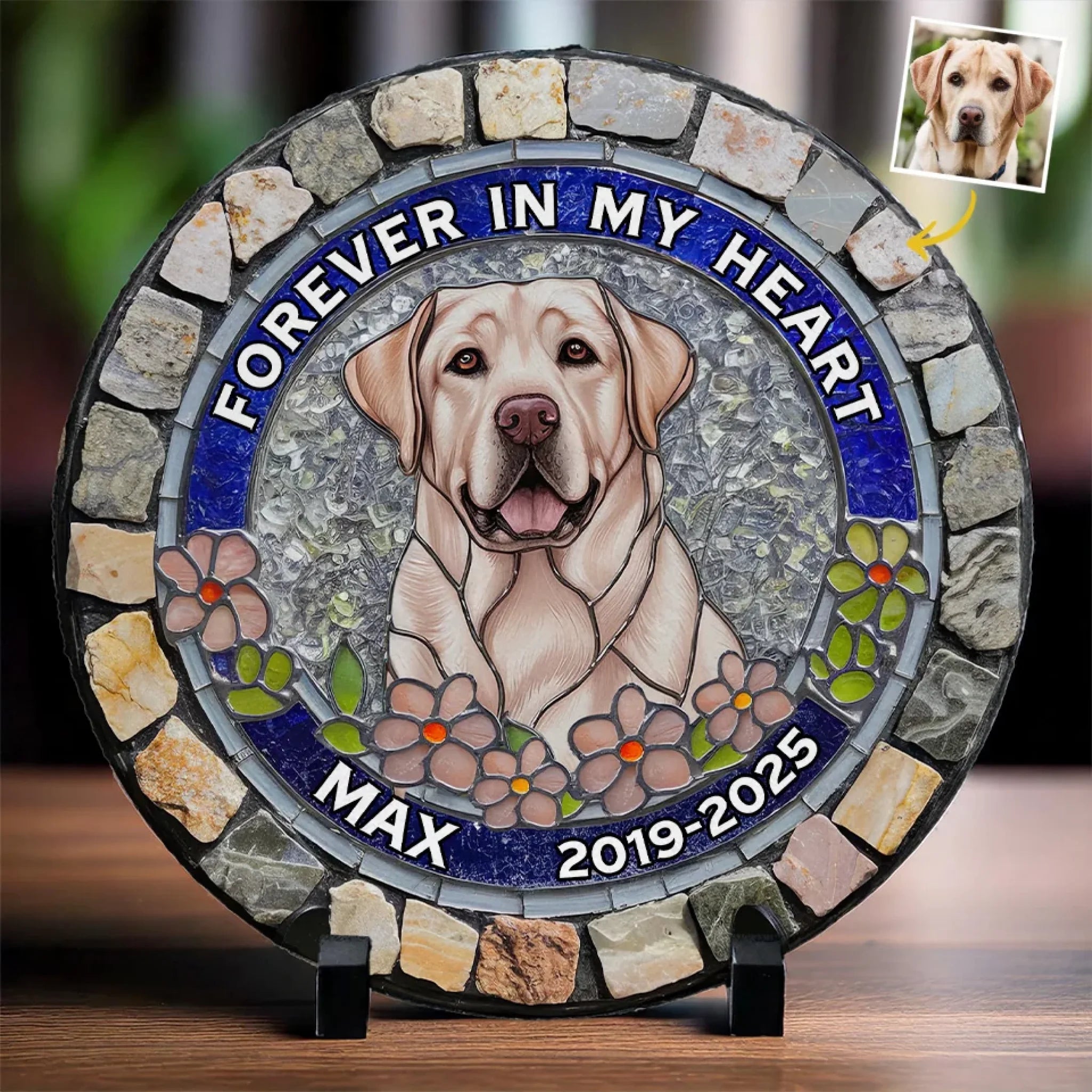 Custom Photo Forever Loved, Never Forgotten - Memorial Personalized Custom 3D Mosaic Faux Stained Glass Print Round Shaped Memorial Stone - Sympathy Gift For Pet Owners, Pet Lovers