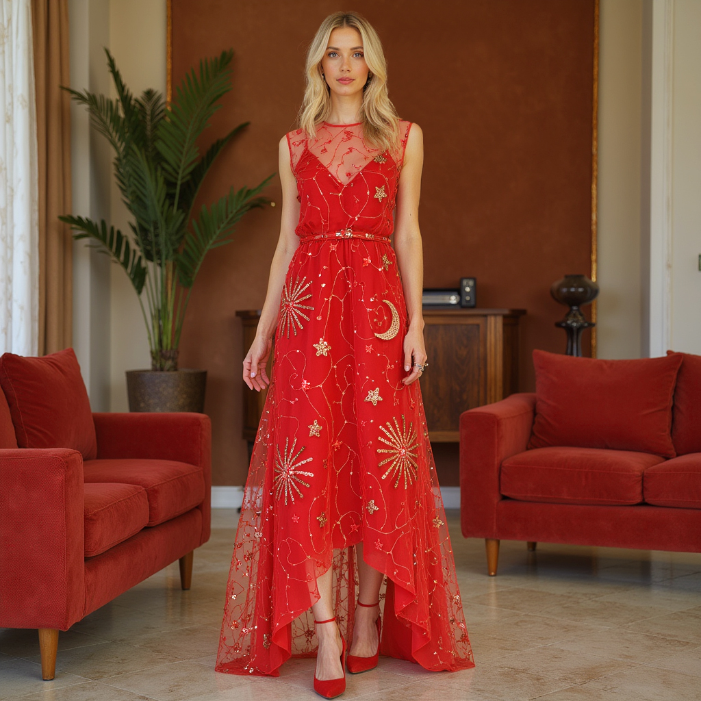 Women's Elegant Lace Mesh Sequin Embroidered Long Dress