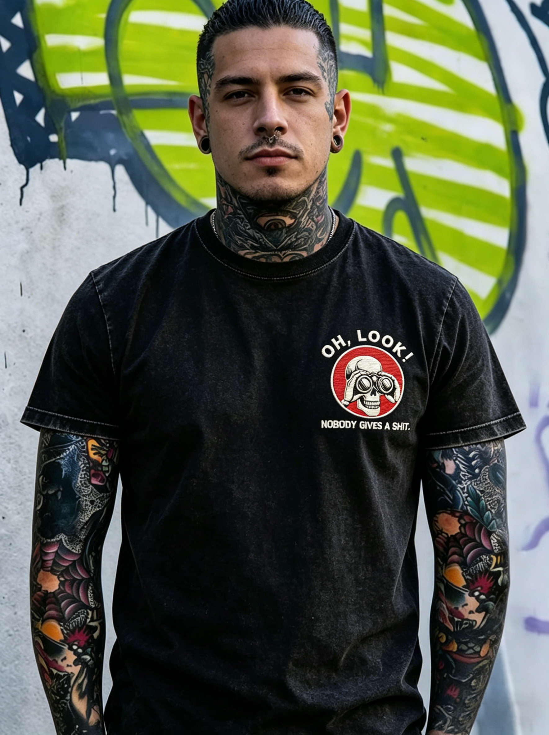 Men's OH Look Nobody Gives A Shit Embroidery Pattern Washed T-Shirt