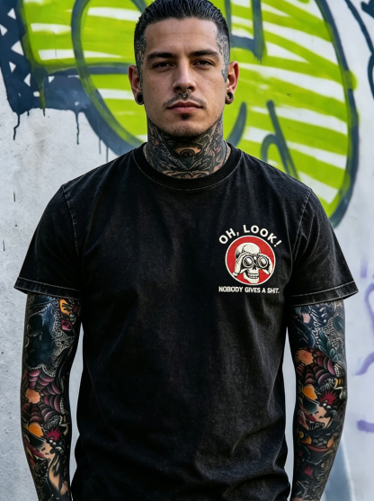 Men's OH Look Nobody Gives A Shit Embroidery Pattern Washed T-Shirt