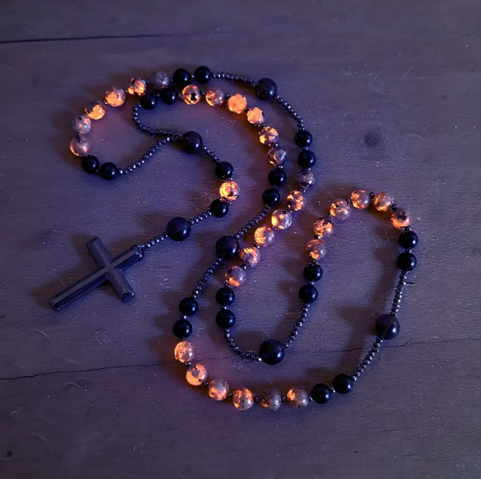 Natural Obsidian Yooperlite RosaryNecklace, UV Reactive EnergyProtection Healing Crystal