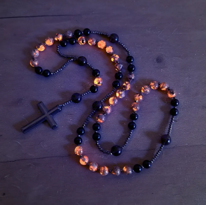 Natural Obsidian Yooperlite RosaryNecklace, UV Reactive EnergyProtection Healing Crystal