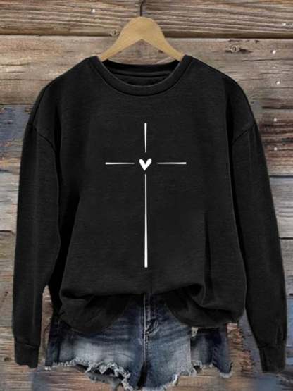 Women's Christian Cross Printed Round Neck Long Sleeve Sweatshirt
