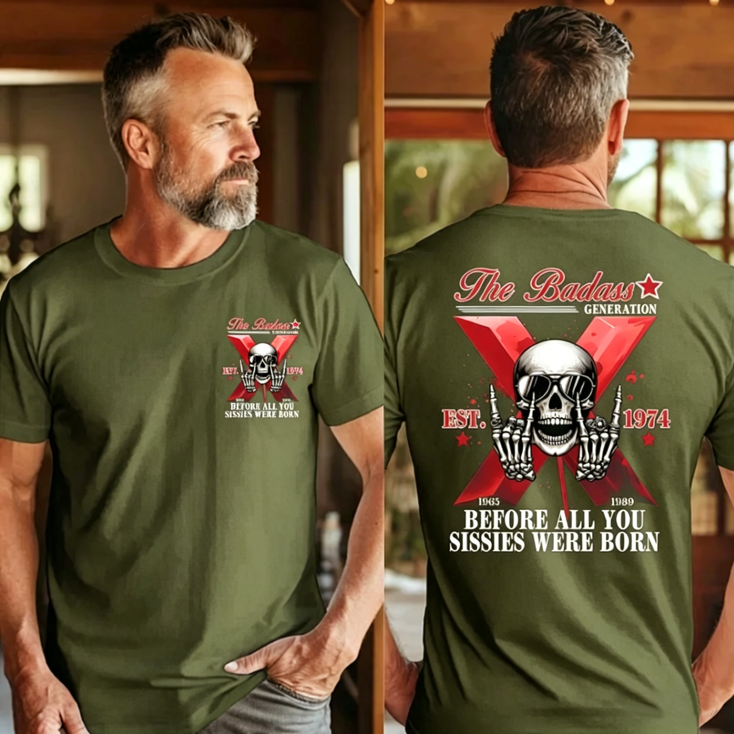 The Badass Generation X Skull  Unisex T-shirt, Custom Est, Gen X 1965-1980 Fabric Fit Top Casual Fashion