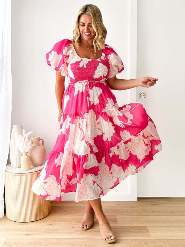 Women's Elegant Printed One Shoulder Puff Sleeve Fashion Dress