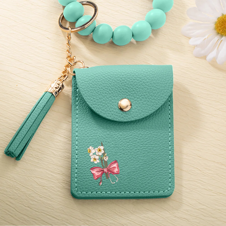 Personalized Birth Flower Bow-knot Stethoscope Tassel Keychain Wristlet Leather Wallet  Gift