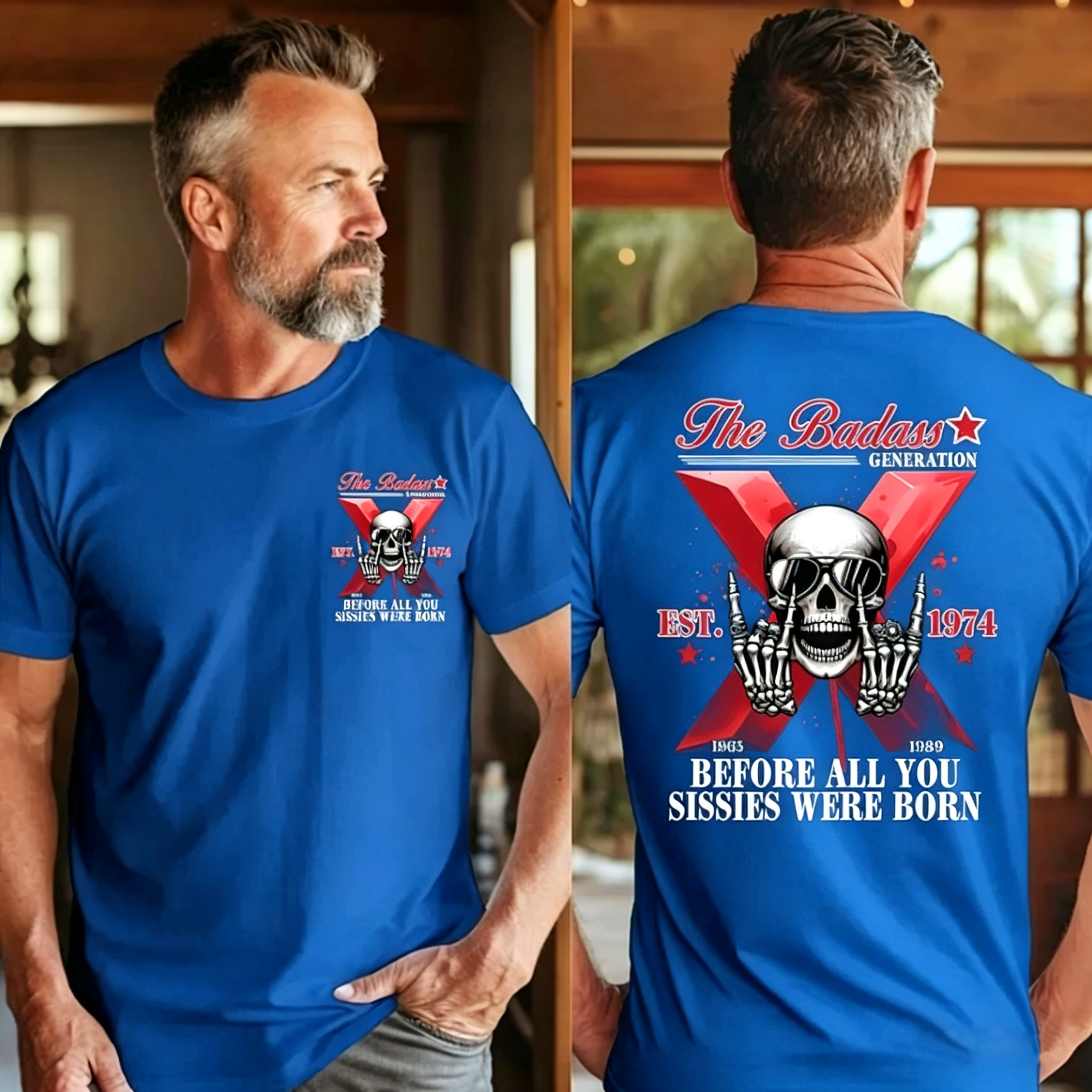 The Badass Generation X Skull  Unisex T-shirt, Custom Est, Gen X 1965-1980 Fabric Fit Top Casual Fashion