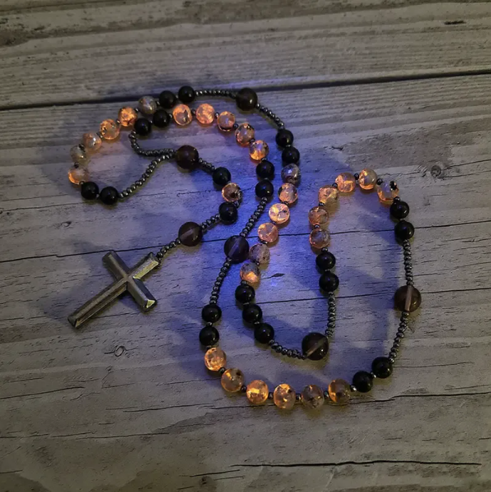 Natural Obsidian Yooperlite RosaryNecklace, UV Reactive EnergyProtection Healing Crystal