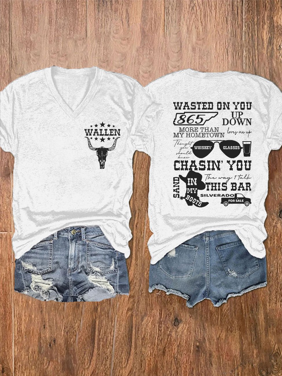 Women's Wallen Wasted On You Shirt Country Music Print V-Neck T-Shirt